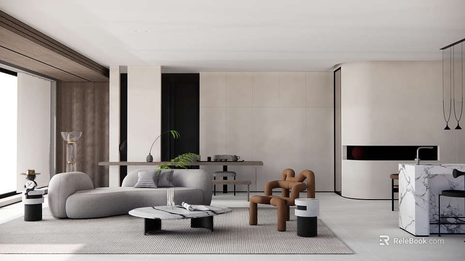 Modern Living Room Interior With Gray Sofa Brown Chairs Round Coffee Table Rug And Plants 3d model 