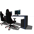 Black Gaming Desk With Dual Monitors Ergonomic Chairs And Blue Accent PC Tower