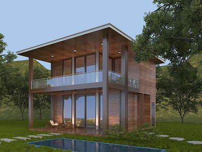 Two Story Wooden House With Large Glass Windows Balcony Green Trees And Swimming Pool 3d model