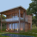 Two Story Wooden House With Large Glass Windows Balcony Green Trees And Swimming Pool