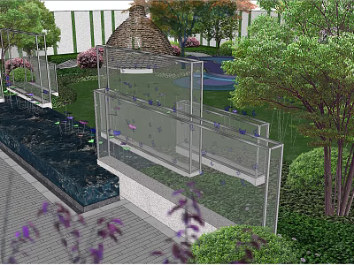 Serene Garden Landscape Design With Glass Panels Lush Plants And Water Features 3d model