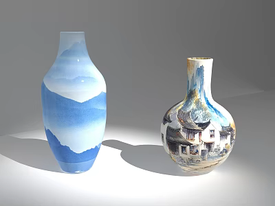 Decorative Ceramic Vases With Blue White Mountain And House Patterns 3d model