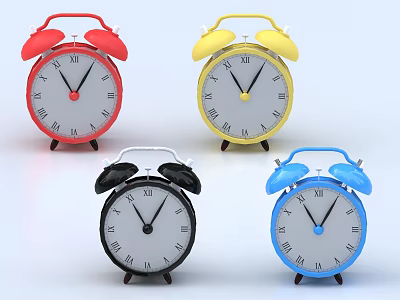 Colorful Vintage Alarm Clocks With Red Yellow Black Blue Bell Designs And Roman Numeral Dials 3d model