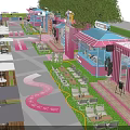 Vibrant Outdoor Dining Street With Pink Blue Shops Awnings And Cactus Decorations