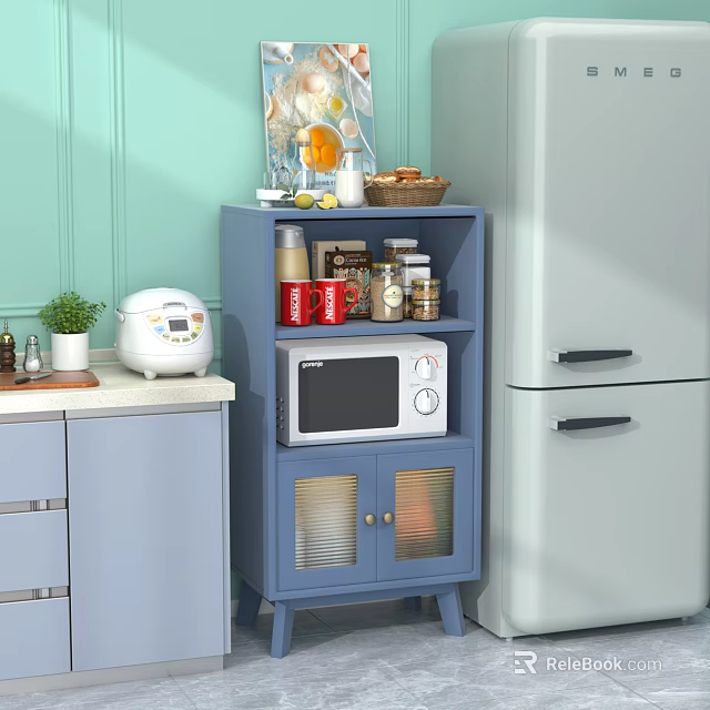 Blue Kitchen Buffet Cabinet With Microwave Jars Mugs Rice Cooker Near Refrigerator Light Green Wall 3d model 