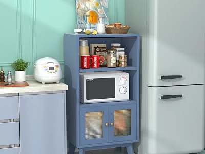 Blue Kitchen Buffet Cabinet With Microwave Jars Mugs Rice Cooker Near Refrigerator Light Green Wall 3d model