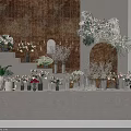 Display Shelf Showcasing Various Flower Bouquets and Decorative Vases Against Textured Wall