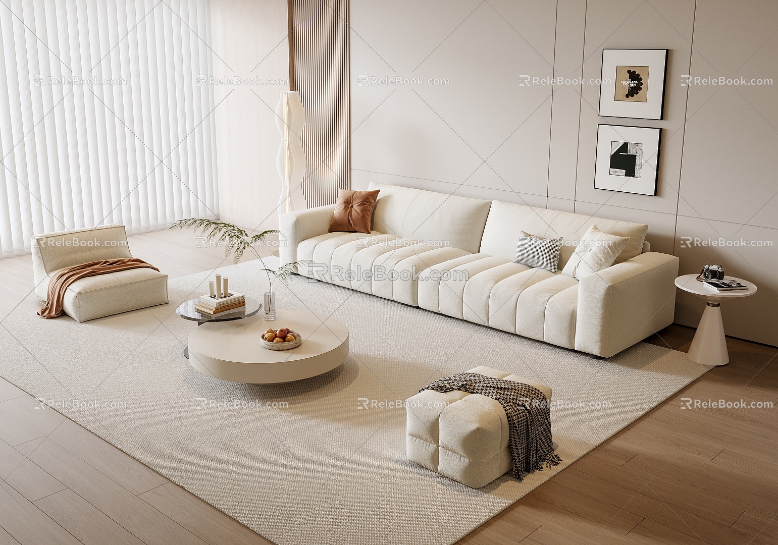 Cream Style Sofa Coffee Table Combination Lazy Sofa Stool Green Plant Hanging Picture 3d model