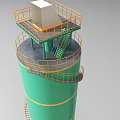 Green Cylindrical Tower Industrial Equipment With Yellow Stripes And Spiral Staircase