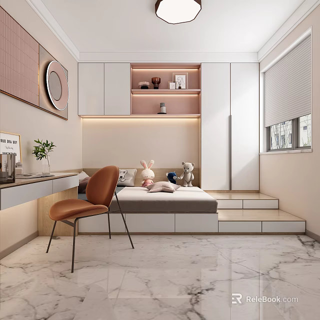 Tatami Bedroom With Desk Orange Chair Shelf Decorations Photos And Marble Floor Blinds 3d model 