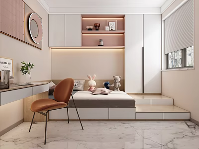 Tatami Bedroom With Desk Orange Chair Shelf Decorations Photos And Marble Floor Blinds 3d model