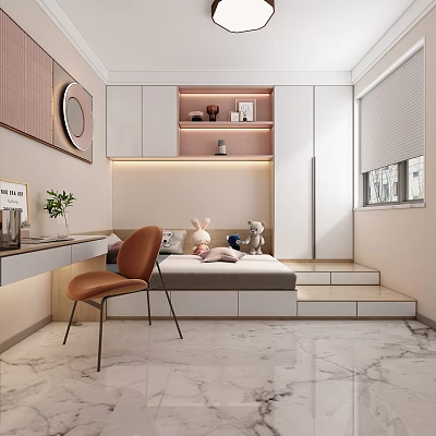 Tatami Bedroom With Desk Orange Chair Shelf Decorations Photos And Marble Floor Blinds 3d model