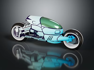 Futuristic Motorcycle Featuring Light Blue White Body Transparent Green Windshield And Unique Wheels 3d model