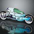 Futuristic Motorcycle Featuring Light Blue White Body Transparent Green Windshield And Unique Wheels