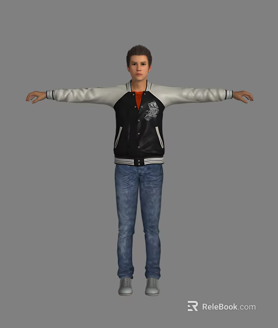 Man Wearing Black and White Jacket Orange T-shirt and Blue Jeans with Arms Outstretched 3d model 