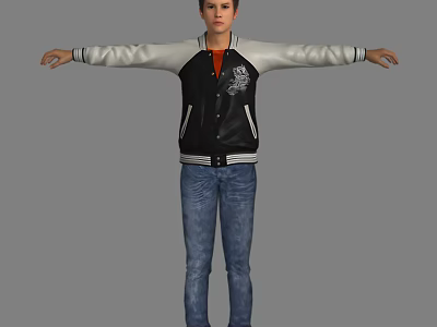 Man Wearing Black and White Jacket Orange T-shirt and Blue Jeans with Arms Outstretched 3d model