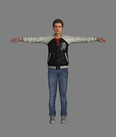 Man Wearing Black and White Jacket Orange T-shirt and Blue Jeans with Arms Outstretched 3d model