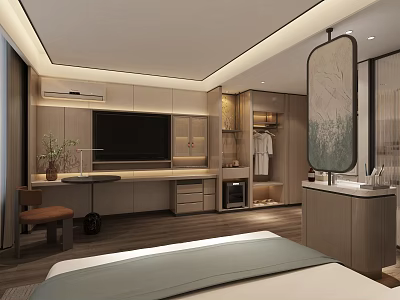 Modern Hotel Guest Room Interior With Wooden Furniture TV Desk And Decorative Painting 3d model