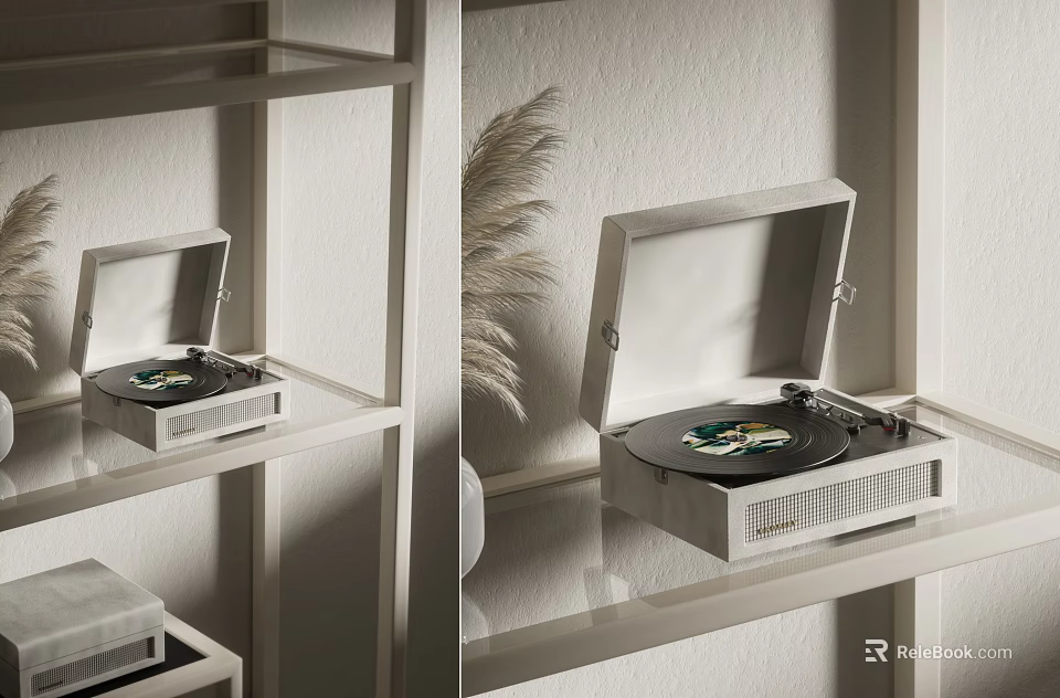 Modern Record Player With Open Lid Displayed On White Shelf With Dry Plant 3d model 