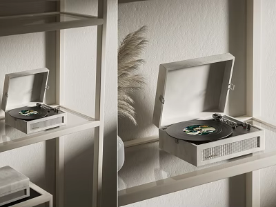 Modern Record Player With Open Lid Displayed On White Shelf With Dry Plant 3d model