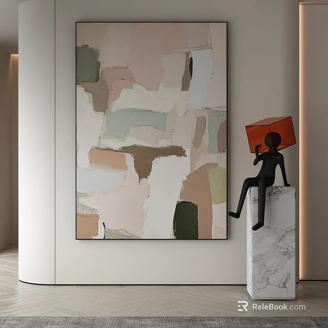 Modern Abstract Painting With Colorful Patches And Black Figurine On Marble Base 3d model 