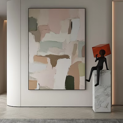 Modern Abstract Painting With Colorful Patches And Black Figurine On Marble Base 3d model