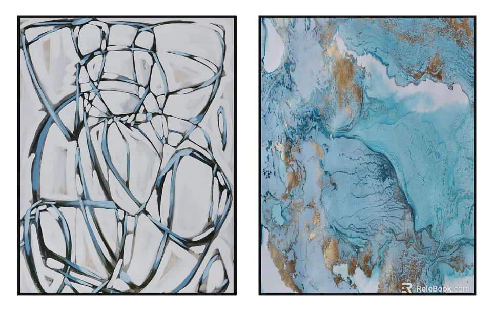 Abstract Paintings With Intertwined Black White Lines And Teal Gold Fluid Textures 3d model 