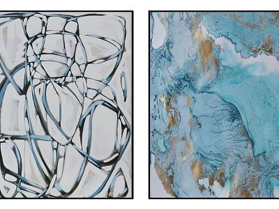 Abstract Paintings With Intertwined Black White Lines And Teal Gold Fluid Textures 3d model