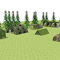 Various Tents Set Up on Green Grass Surrounded by Pine Trees