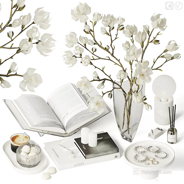 Elegant Minimalist Decorative Accessories Set With Glass Vase Magnolia Branches Open Book Candles And Diffuser 3d model 