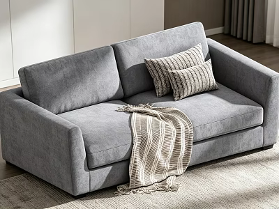 Gray Two Seater Sofa With Striped Pillows And Blanket In Modern Living Room 3d model