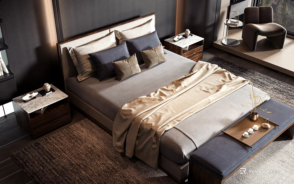 Elegant Modern Double Bed With Gray Linen Bedding Wooden Nightstands And Bed Bench 3d model 