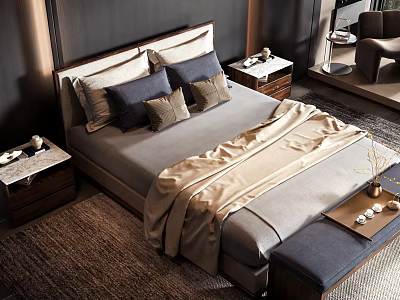 Elegant Modern Double Bed With Gray Linen Bedding Wooden Nightstands And Bed Bench 3d model