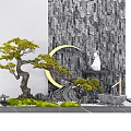 Karesansui Dry Garden With Bonsai Pine Stone Wall Crescent Moon Moss Gravel And Stone Lantern