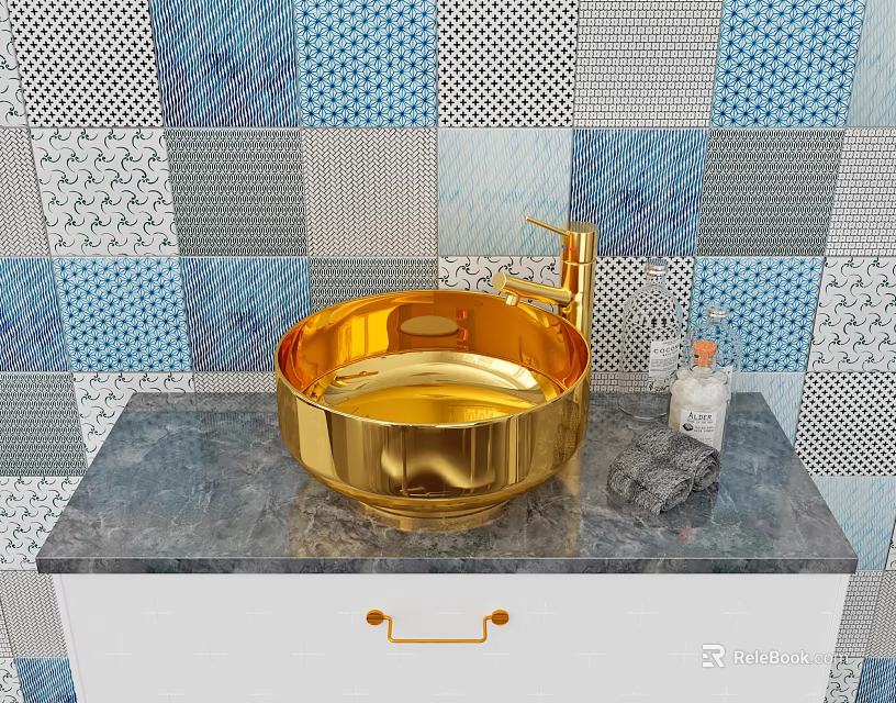 Golden Washbasin with Faucet on Marble Countertop Against Blue Gray Mosaic Tiles and White Cabinet 3d model 