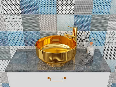 Golden Washbasin with Faucet on Marble Countertop Against Blue Gray Mosaic Tiles and White Cabinet 3d model