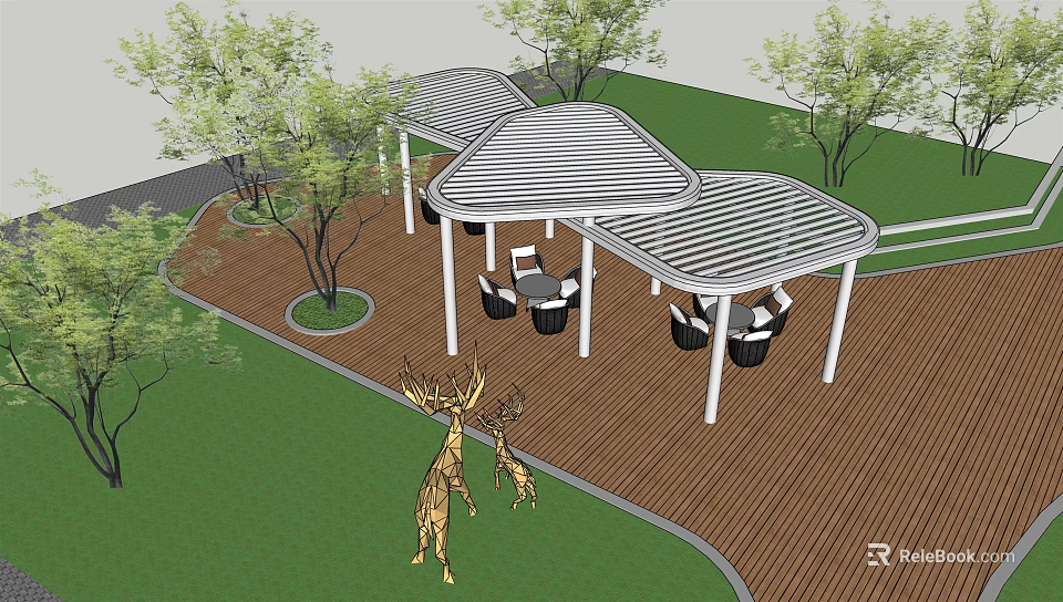 Modern Outdoor Pergola with Wooden Deck Greenery Seating Area and Deer Sculptures 3d model 