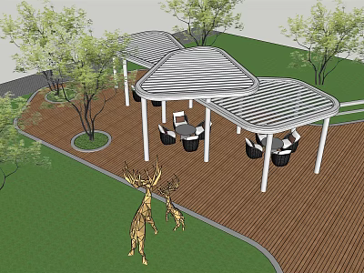 Modern Outdoor Pergola with Wooden Deck Greenery Seating Area and Deer Sculptures 3d model
