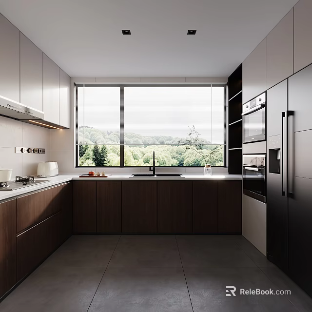 Modern Kitchen Interior With White And Dark Wood Cabinets Large Window And Green Landscape Appliances 3d model 