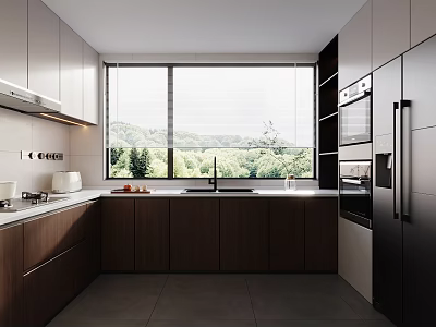 Modern Kitchen Interior With White And Dark Wood Cabinets Large Window And Green Landscape Appliances 3d model