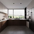 Modern Kitchen Interior With White And Dark Wood Cabinets Large Window And Green Landscape Appliances