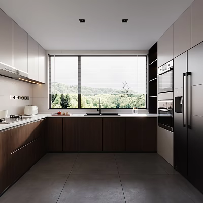 Modern Kitchen Interior With White And Dark Wood Cabinets Large Window And Green Landscape Appliances 3d model