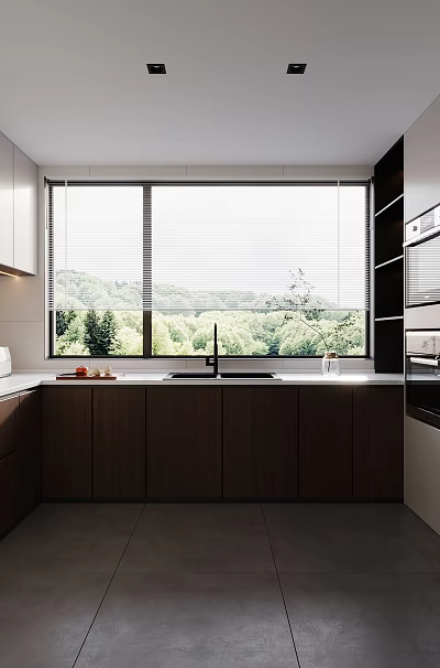 Modern Kitchen Interior With White And Dark Wood Cabinets Large Window And Green Landscape Appliances 3d model