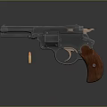 Classic Revolver With Black Metal Frame Wooden Grip And Brass Bullet On Dark Background