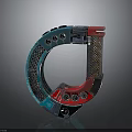 Futuristic Sci-Fi Circular Mechanical Device Featuring Metallic Blue Red Gray Texture And Grid Holes