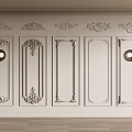 Elegant Hinged Doors with Ornate Carvings on White Interior Wall with Round Lamps