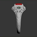 Silver Ring Featuring Red Central Gemstone Green Accent Stones And Intricate Carvings
