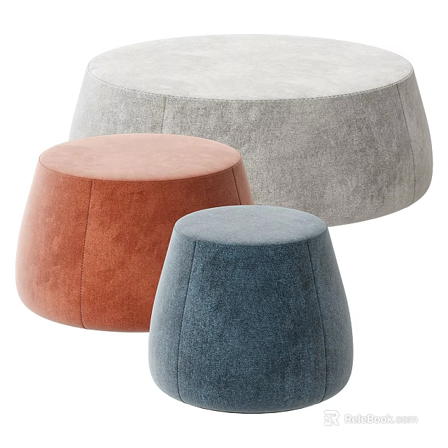 Three Modern Round Stools in Orange Blue and Gray Velvet Upholstery Design 3d model 