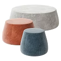 Three Modern Round Stools in Orange Blue and Gray Velvet Upholstery Design