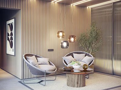 Modern Casual Sofa Set With Two Chairs Metal Frame Wooden Coffee Table And Green Plant 3d model